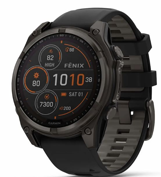 fēnix® 8 – 47 mm, Solar Sapphire, Carbon Gray DLC Titanium with Black/Pebble Gray Silicone Band