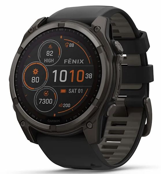 fēnix® 8 – 51 mm, Solar Sapphire, Carbon Gray DLC Titanium with Black/Pebble Gray Silicone Band