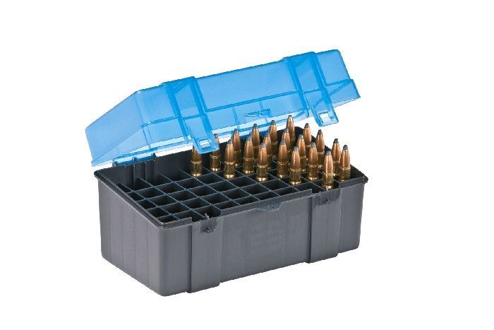 50-Count Rifle Ammo Case, 7MM Magnum, Dark Gray/Transparent Blue Model # 123050