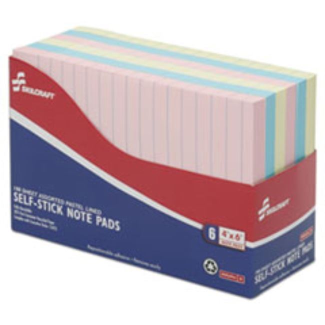 SELF-STICK PAD SET, 4X6, LINED, BLUE, GREEN, PINK, YELLOW, 100 SHTS (5 PER PACK)