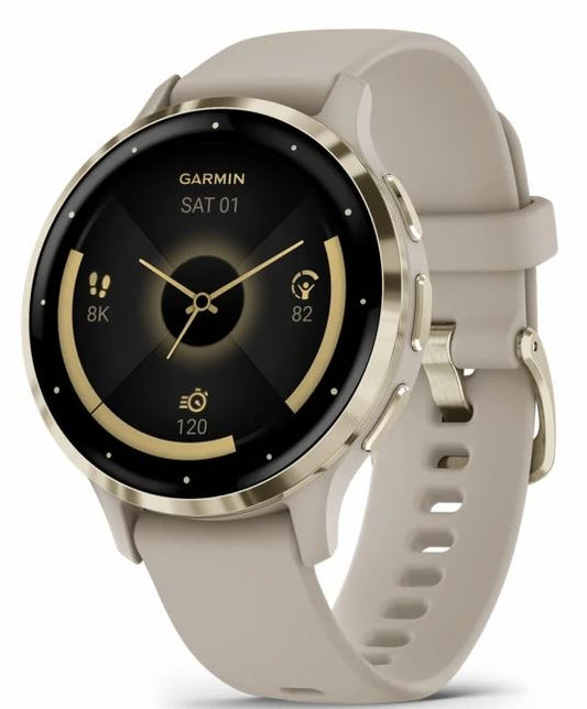 Venu 3S Soft Gold Stainless Steel Bezel with French Gray Case and Silicone Band