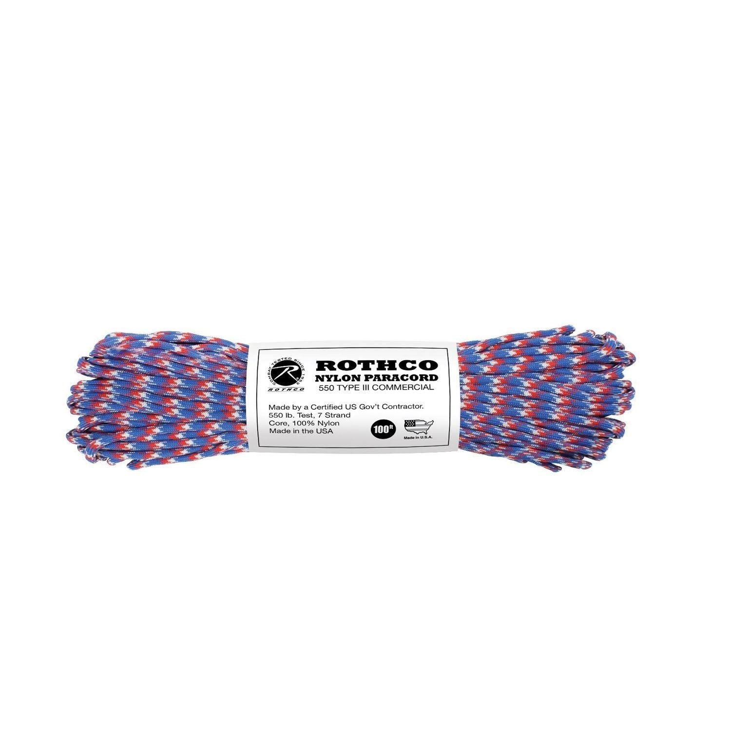 Nylon Paracord - Red / Blue / White 100ft Type III 550 lb. (5 Per Pack)
