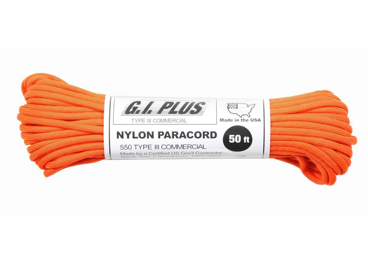 Nylon Paracord - Safety Orange 100ft Type III 550 lb. (5 Per Pack)