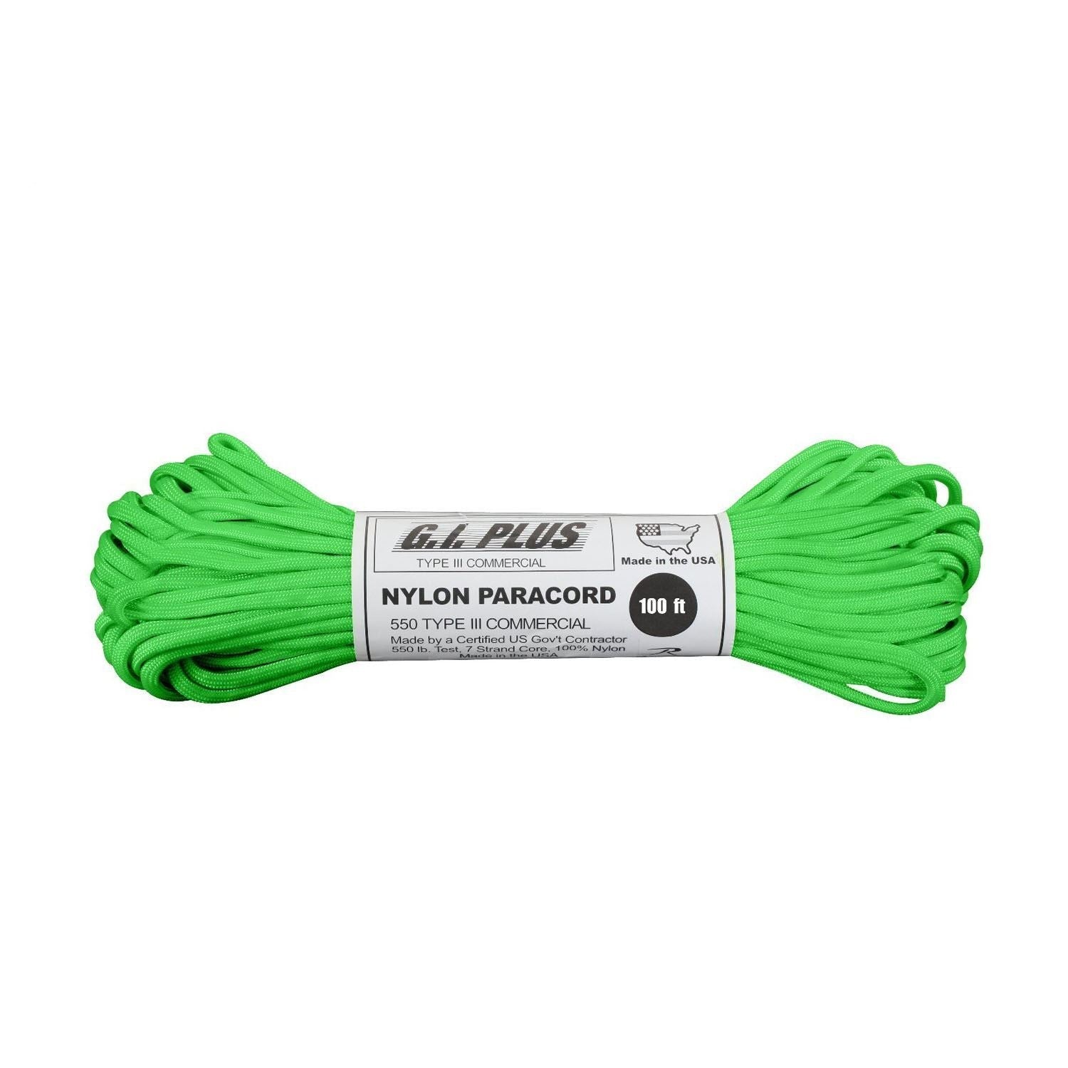 Nylon Paracord - Safety Green 100ft Type III 550 lb.  (5 Per Pack)
