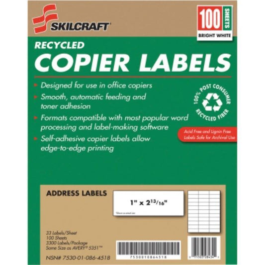RECYCLED COPIER LABELS, 1 X 2-13/16, WHITE, 3300 LABELS/BOX (5 boxes per pack)