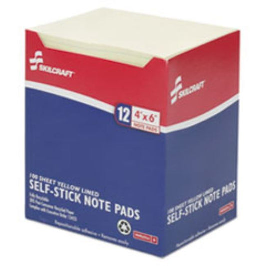 SELF-STICK NOTE PADS, 4 X 6, LINED, YELLOW, 100 SHEETS, DOZEN (5 Doz. per pack)