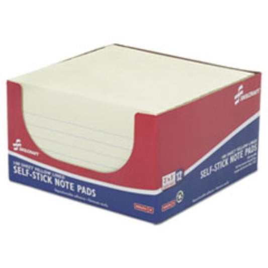SELF-STICK NOTE PADS, 3 X 5, LINED, YELLOW, 100 SHEETS, DOZEN (5 Doz. per pack)