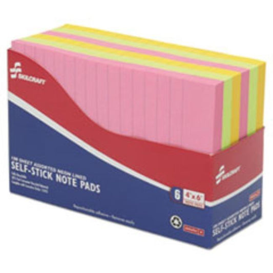 SELF-STICK NOTE PADS, 4 X 6, RULED, ASSORTED NEON COLORS, 6CT pack (5 PER PACK)