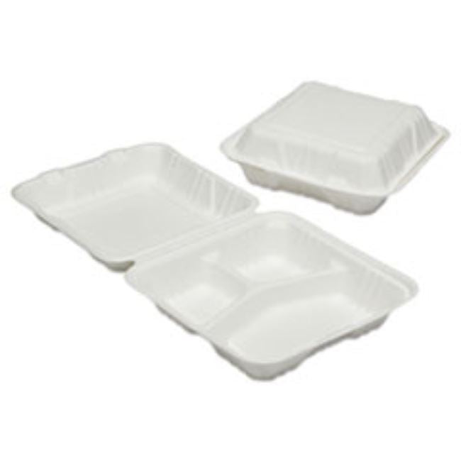 CLAMSHELL HINGED LID TOGO FOOD CONTAINERS, 9X9X3, 3 COMP, 200CT/PACK