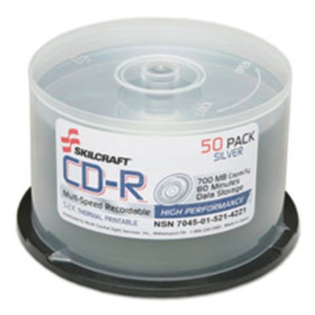 CD-R DISC, 700MB-80MIN, 52X, 50CT SPINDLE, (5 SPINDLES PER PACK) – Mil-Bar